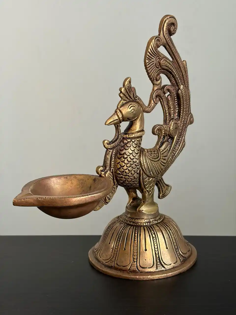 Annapakshi figurine with single diya on circular platform 7.6" - Image 3