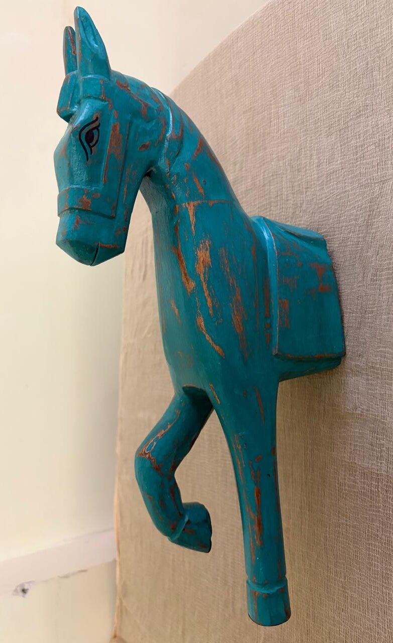 Rustic wooden half horse sculpture wall decor (Blue) 16inch - Image 4