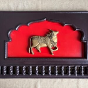 Brass Pichwai cow motif(right looking) in a traditional Indian wooden frame