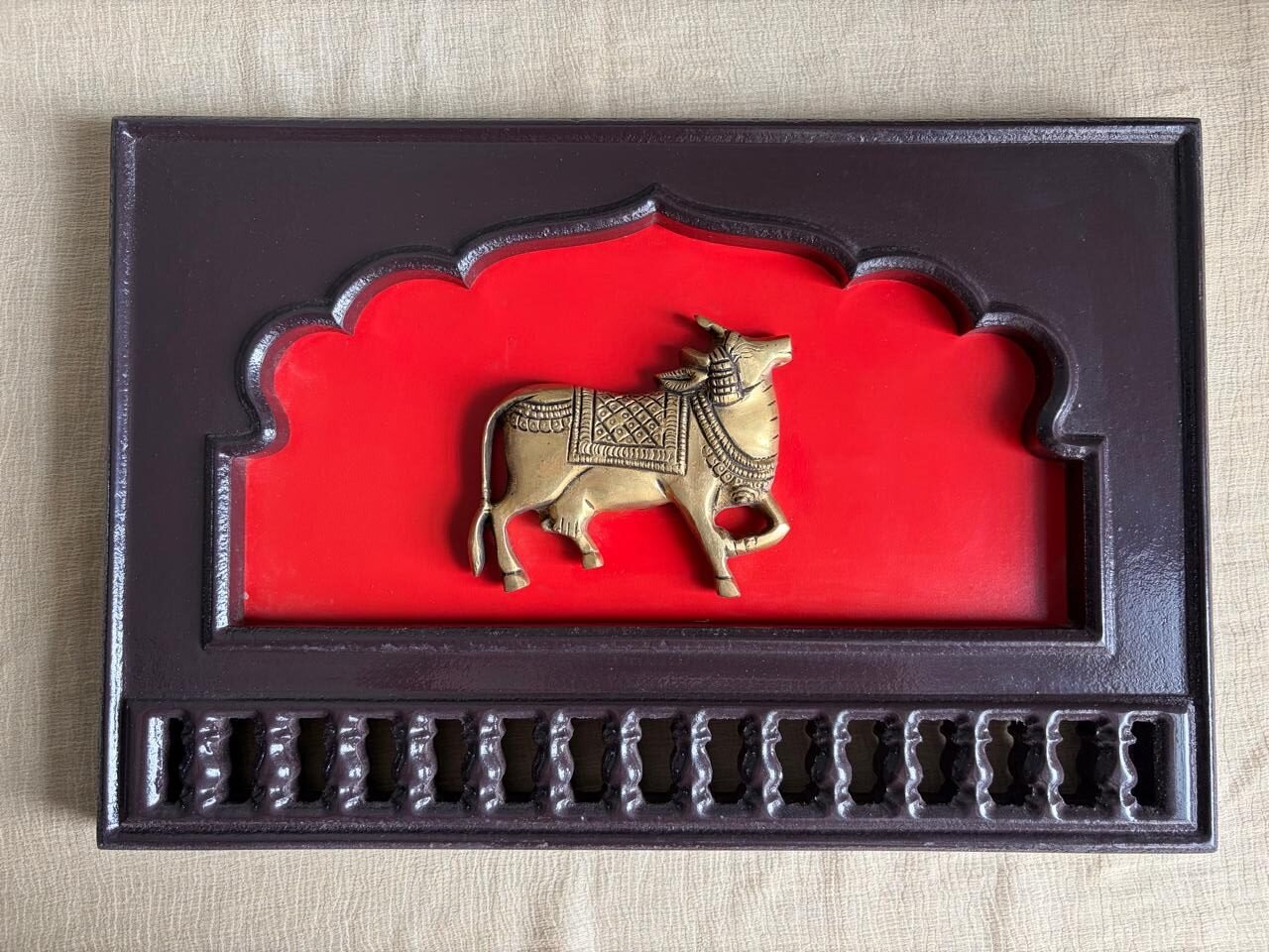 Brass Pichwai cow motif(right looking) in a traditional Indian wooden frame