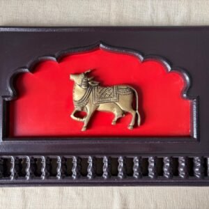 Brass Pichwai cow motif(left looking) in a traditional Indian wooden frame