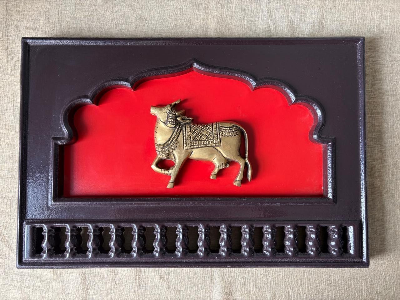 Brass Pichwai cow motif(left looking) in a traditional Indian wooden frame