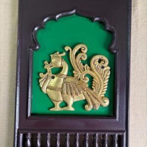 Brass Peacock motif(left looking) set in a traditional Indian wooden frame 15"