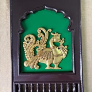 Brass Peacock motif(right looking) set in a traditional Indian wooden frame 15"