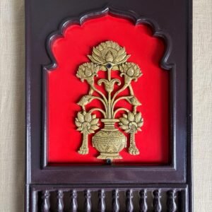 Brass Flowerpot motif enclosed in a traditional Indian wooden frame 15"