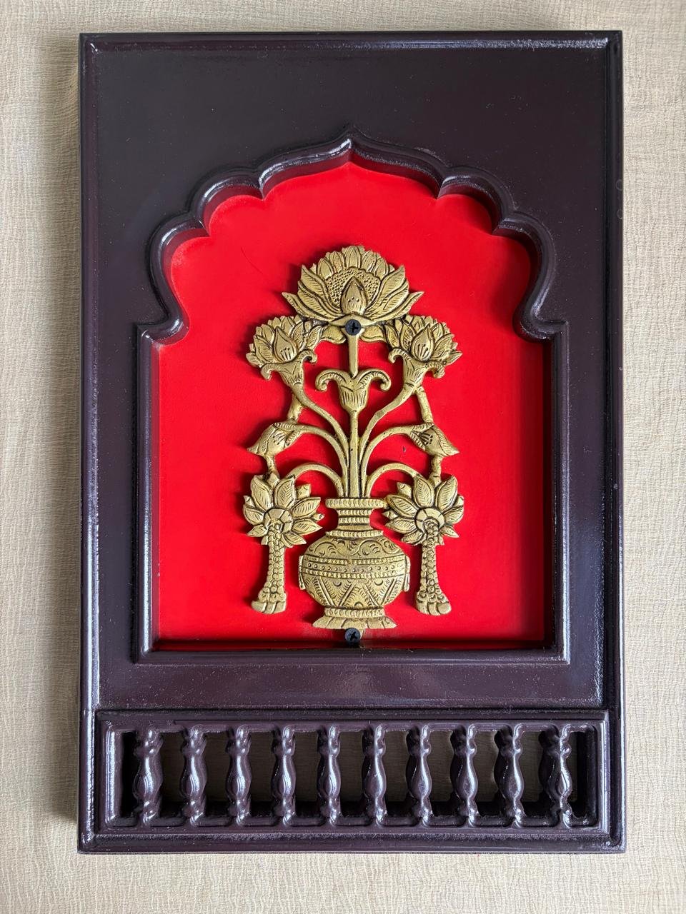 Brass Flowerpot motif enclosed in a traditional Indian wooden frame 15"