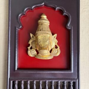 Brass Varaha avatar face enclosed in a traditional Indian wooden frame 15"